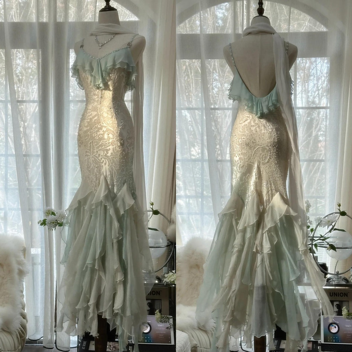 Romantic Vintage Mint Green Chiffon Mermaid Beaded Long Prom Dresses Ruffled Fairytale Birthday Dresses  ED01725