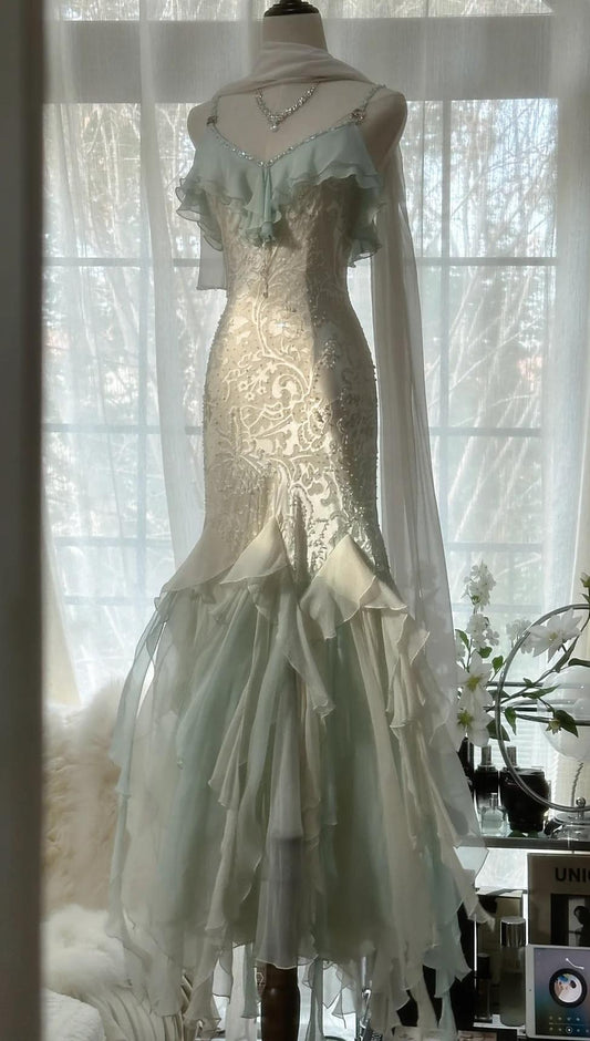 Romantic Vintage Mint Green Chiffon Mermaid Beaded Long Prom Dresses Ruffled Fairytale Birthday Dresses  ED01725
