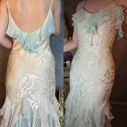 Romantic Vintage Mint Green Chiffon Mermaid Beaded Long Prom Dresses Ruffled Fairytale Birthday Dresses  ED01725