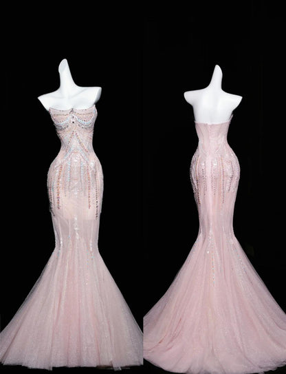 Mermaid Strapless Tulle Diamond Long Prom Dress Sweet Wedding Dress Formal Dress HZ1024