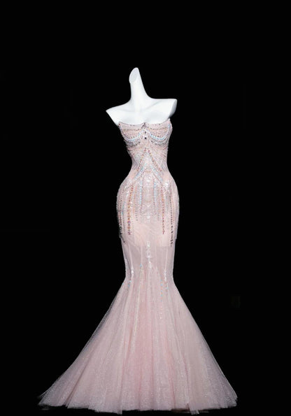 Mermaid Strapless Tulle Diamond Long Prom Dress Sweet Wedding Dress Formal Dress HZ1024