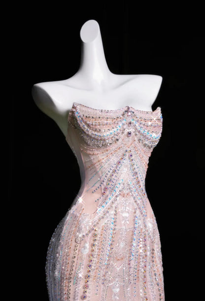 Mermaid Strapless Tulle Diamond Long Prom Dress Sweet Wedding Dress Formal Dress HZ1024