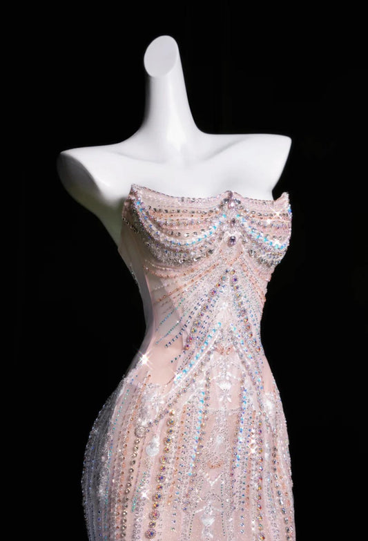Mermaid Strapless Tulle Diamond Long Prom Dress Sweet Wedding Dress Formal Dress HZ1024