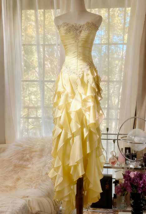 ??Elegant Strapless Chiffon Applique Long Tiered Prom Dresses Backless Party Dresses HZ1024