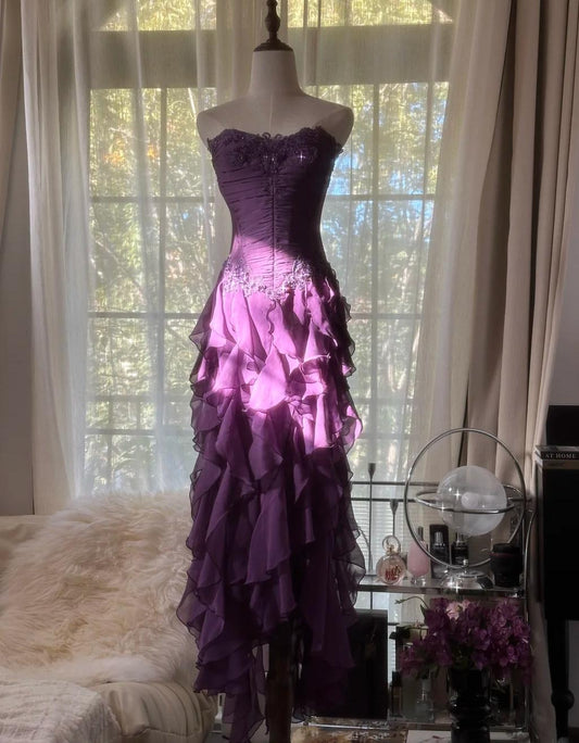 Purple __Elegant Strapless Chiffon Applique Long Tiered Prom Dresses Backless Party Dresses ED01727