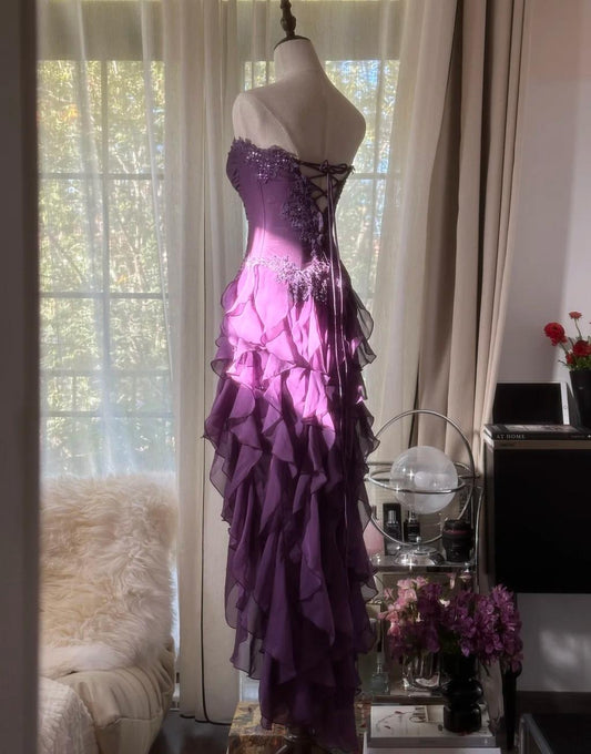 Purple __Elegant Strapless Chiffon Applique Long Tiered Prom Dresses Backless Party Dresses ED01727
