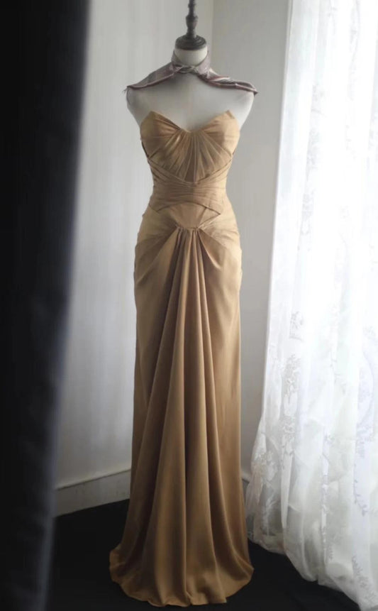 Gold Strapless Satin Long Prom Dress Simple Evening Dress HZ1024