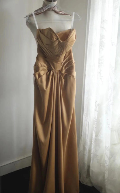 Gold Strapless Satin Long Prom Dress Simple Evening Dress HZ1024