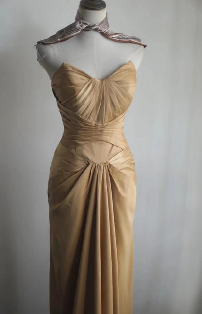 Gold Strapless Satin Long Prom Dress Simple Evening Dress HZ1024
