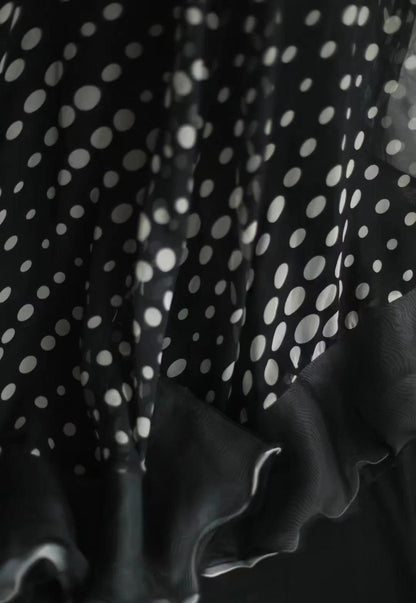 Black Spaghetti Strap Chiffon Long Prom Skirt Polka Dot Evening Dress HZ1024