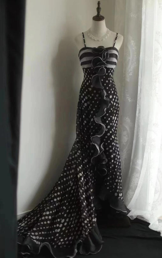 Black Spaghetti Strap Chiffon Long Prom Skirt Polka Dot Evening Dress HZ1024