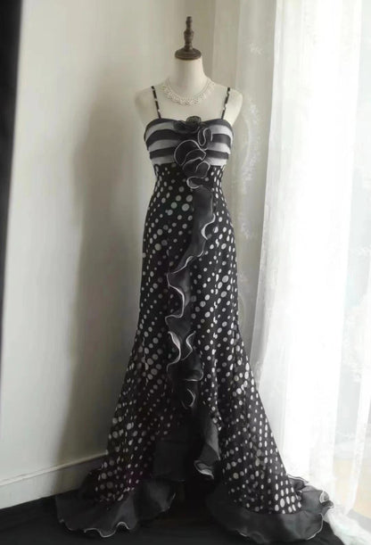 Black Spaghetti Strap Chiffon Long Prom Skirt Polka Dot Evening Dress HZ1024