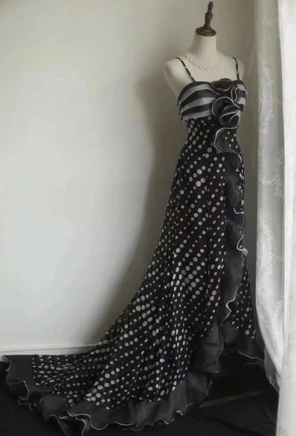 Black Spaghetti Strap Chiffon Long Prom Skirt Polka Dot Evening Dress HZ1024