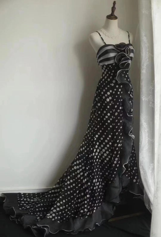 Black Spaghetti Strap Chiffon Long Prom Skirt Polka Dot Evening Dress HZ1024