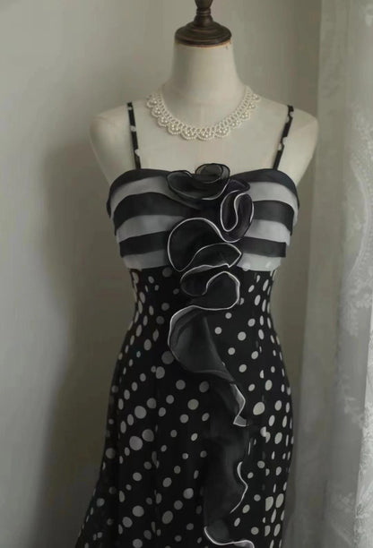 Black Spaghetti Strap Chiffon Long Prom Skirt Polka Dot Evening Dress HZ1024