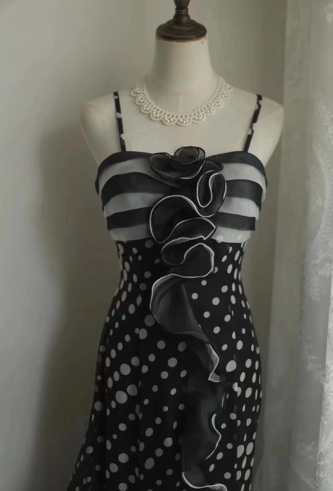 Mermaid Black Spaghetti Strap Chiffon Long Prom Skirt Polka Dot Evening Dress ED01731