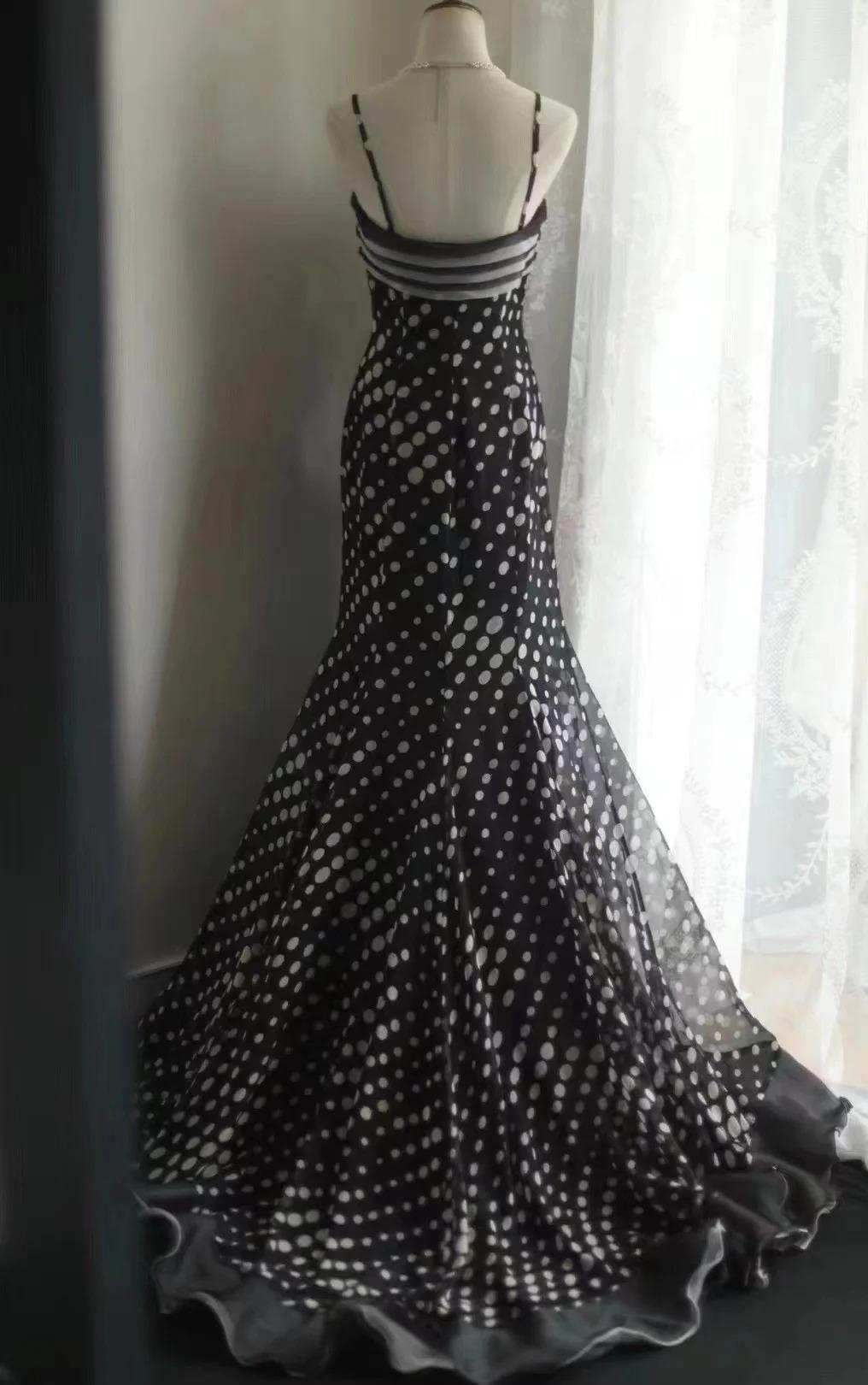 Black Spaghetti Strap Chiffon Long Prom Skirt Polka Dot Evening Dress HZ1024