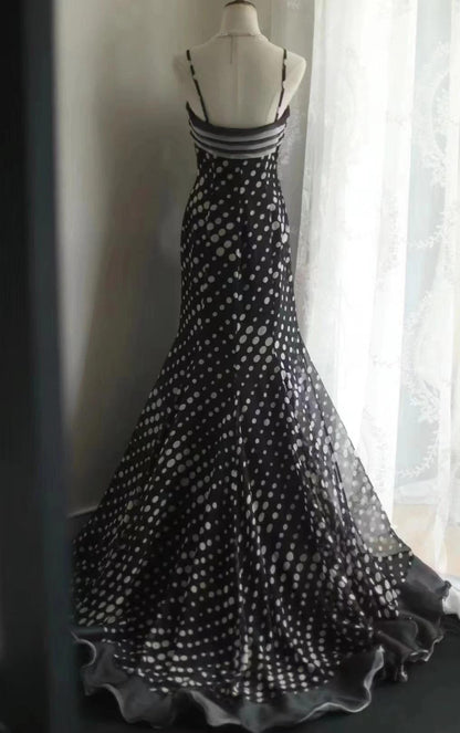 Black Spaghetti Strap Chiffon Long Prom Skirt Polka Dot Evening Dress HZ1024