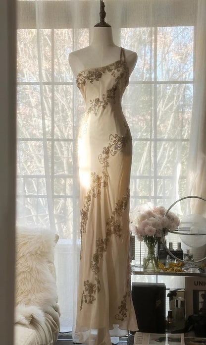 Champagne Retro Chiffon Sheath Party Dress One Shoulder Beaded Long Prom Dress ED01733