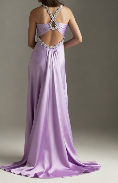 Glamou Purple __Satin Beaded Backless Long Prom Dress for Party&Birthday,Elegant Wedding Guest Outfits ED01736