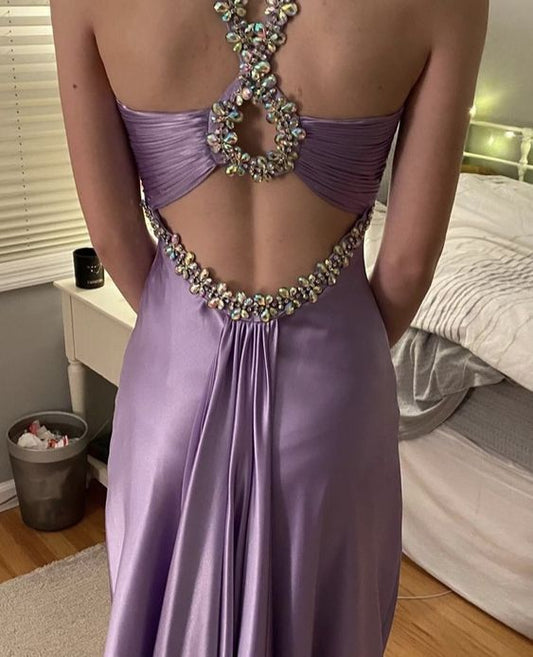 Glamou Purple __Satin Beaded Backless Long Prom Dress for Party&Birthday,Elegant Wedding Guest Outfits ED01736
