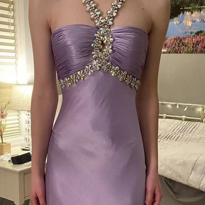 Glamou Purple __Satin Beaded Backless Long Prom Dress for Party&Birthday,Elegant Wedding Guest Outfits ED01736