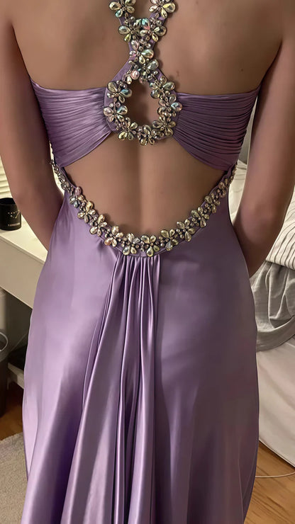 Glamou Purple __Satin Beaded Backless Long Prom Dress for Party&Birthday,Elegant Wedding Guest Outfits ED01736