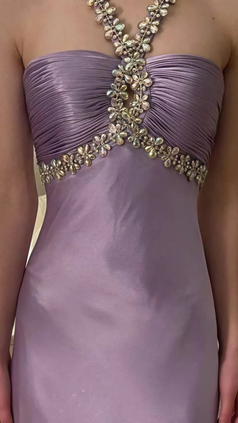 Glamou Purple __Satin Beaded Backless Long Prom Dress for Party&Birthday,Elegant Wedding Guest Outfits ED01736