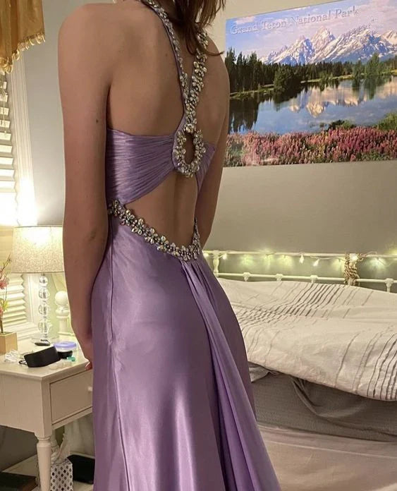 Glamou Purple __Satin Beaded Backless Long Prom Dress for Party&Birthday,Elegant Wedding Guest Outfits ED01736