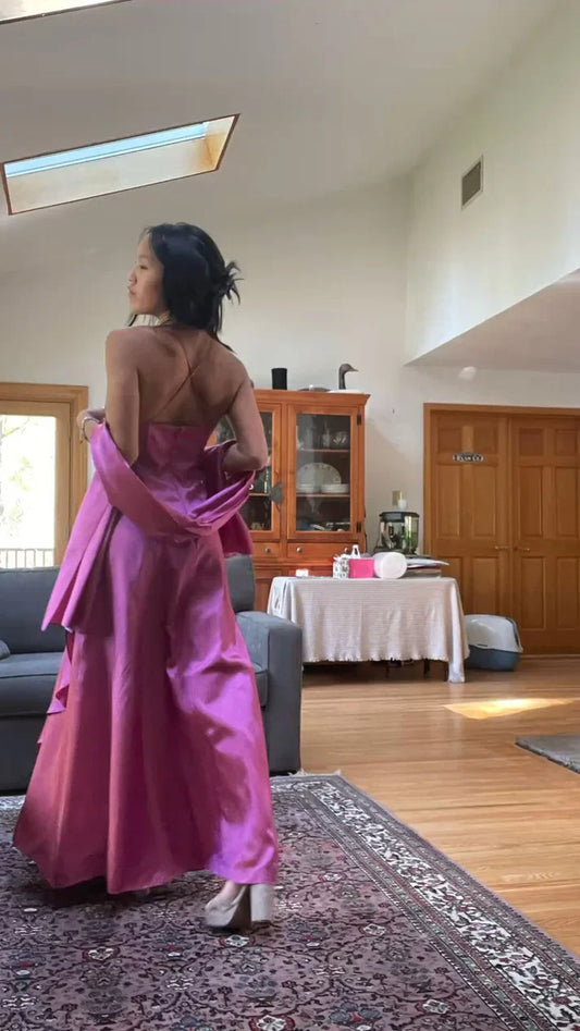 Elegant Spaghetti  Straps A-Line Fuchsia Beaded Satin Prom Dresses Gorgeous Wedding Guest Dresses with Shawl ED01737