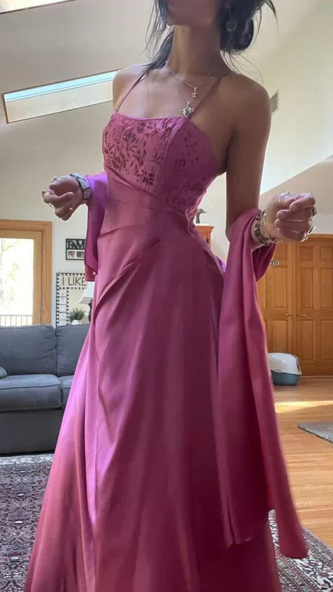 Elegant Spaghetti  Straps A-Line Fuchsia Beaded Satin Prom Dresses Gorgeous Wedding Guest Dresses with Shawl ED01737