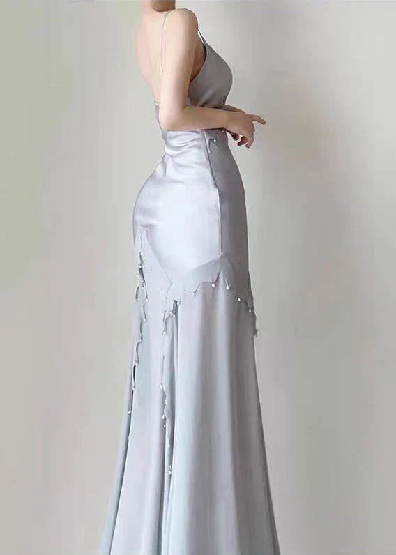 Silver Mermaid Spaghetti Straps Satin Long Prom Dress Beaded Evening Dress HZ1024