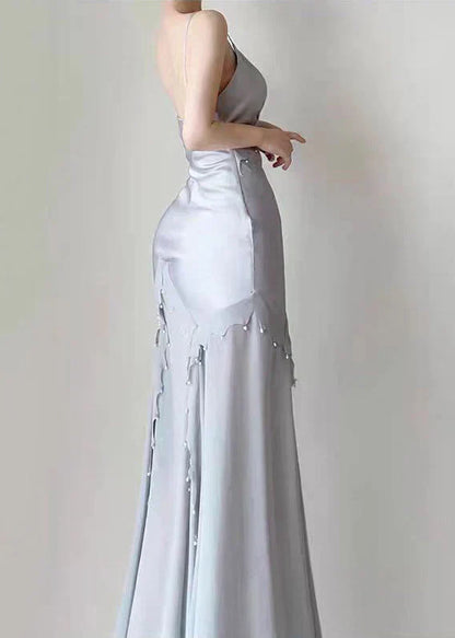 Silver Mermaid Spaghetti Straps Satin Long Prom Dress Beaded Evening Dress HZ1024