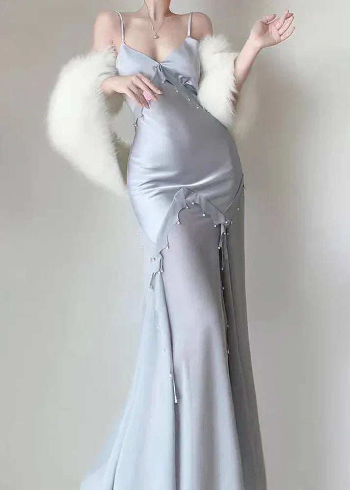 Silver Mermaid Spaghetti Straps Satin Long Prom Dress Beaded Evening Dress HZ1024