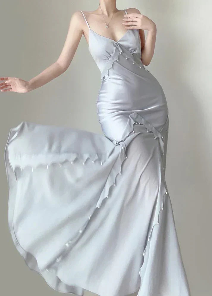 Silver Mermaid Spaghetti Straps Satin Long Prom Dress Beaded Evening Dress HZ1024