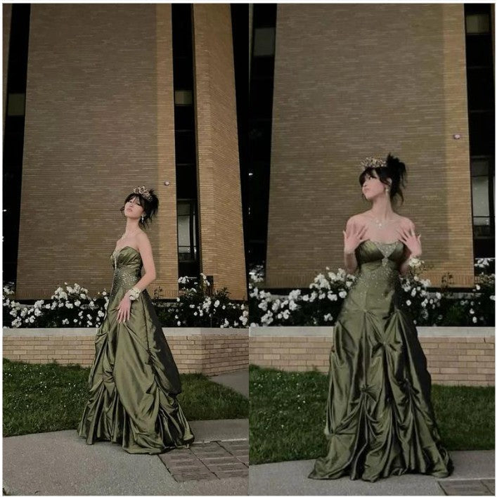Forest Green A-Line Long Prom Dresses With Silver Beads Sweet Strapless Satin Evening Dresses HZ1024
