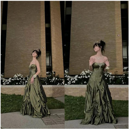 Forest Green A-Line Long Prom Dresses With Silver Beads Sweet Strapless Satin Evening Dresses HZ1024