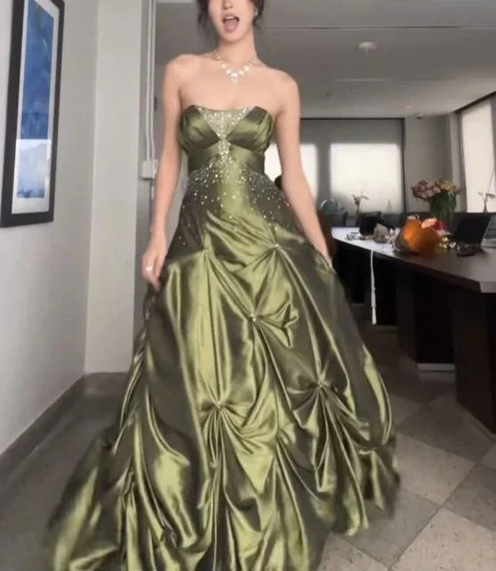 __Pretty Forest Green A-Line Long Prom Dresses With Silver Beads Sweet Strapless Satin Evening Dresses ED01741