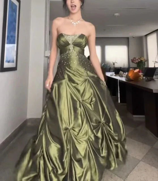 __Pretty Forest Green A-Line Long Prom Dresses With Silver Beads Sweet Strapless Satin Evening Dresses ED01741