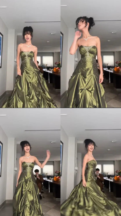 __Pretty Forest Green A-Line Long Prom Dresses With Silver Beads Sweet Strapless Satin Evening Dresses ED01741