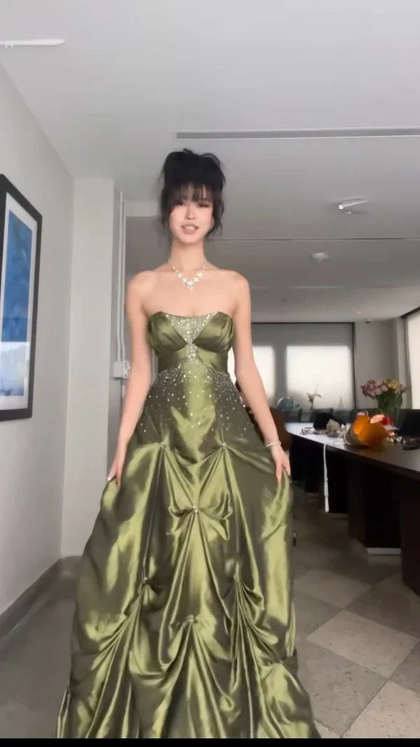 __Pretty Forest Green A-Line Long Prom Dresses With Silver Beads Sweet Strapless Satin Evening Dresses ED01741