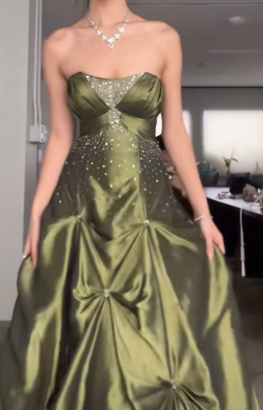 __Pretty Forest Green A-Line Long Prom Dresses With Silver Beads Sweet Strapless Satin Evening Dresses ED01741