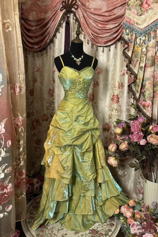 __Fairytale Sage A-Line Mask Prom Dress Beaded Satin Evening Gown for Birthady&Graduation ED01742