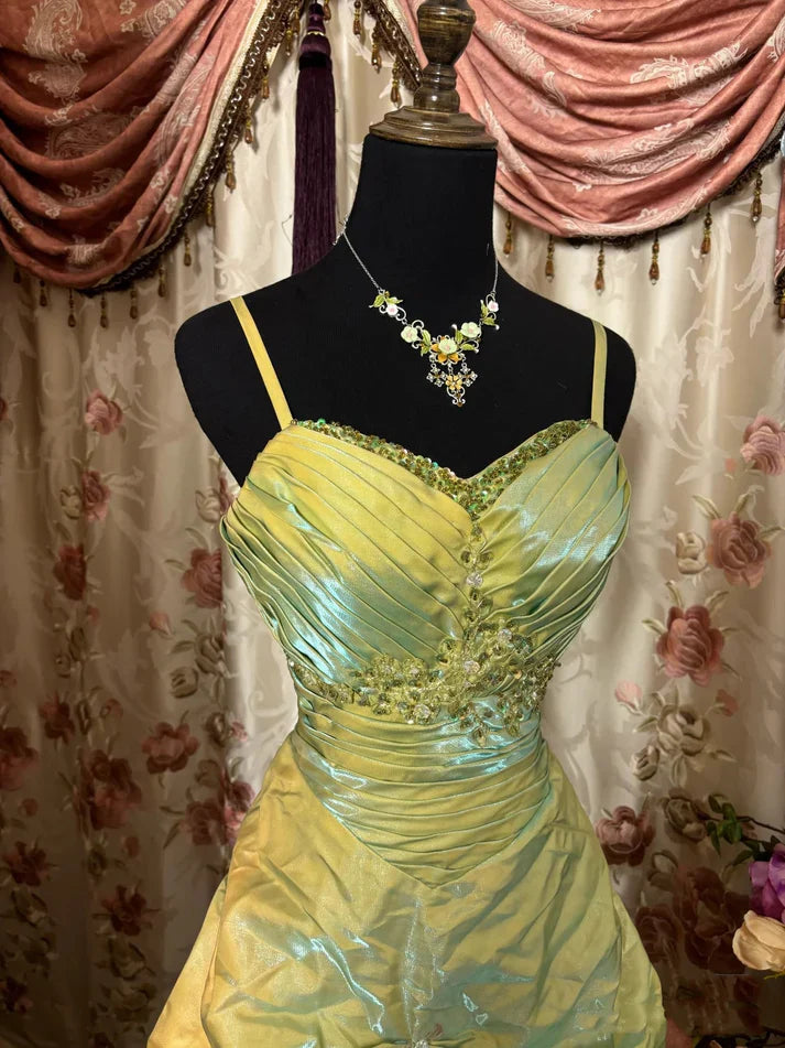 __Fairytale Sage A-Line Mask Prom Dress Beaded Satin Evening Gown for Birthady&Graduation ED01742