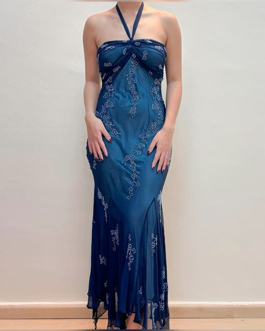Vintage Blue Chiffon Long Prom Dresses Elegant  Beaded Party Dresses ED01743