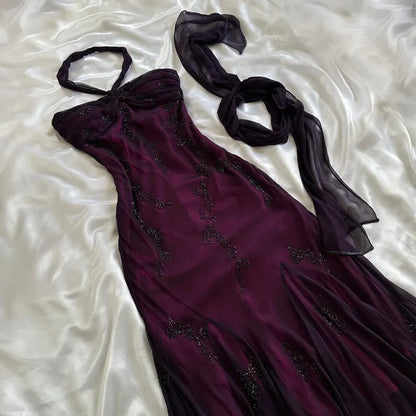 Vintage Blue Chiffon Long Prom Dresses Elegant  Beaded Party Dresses ED01743