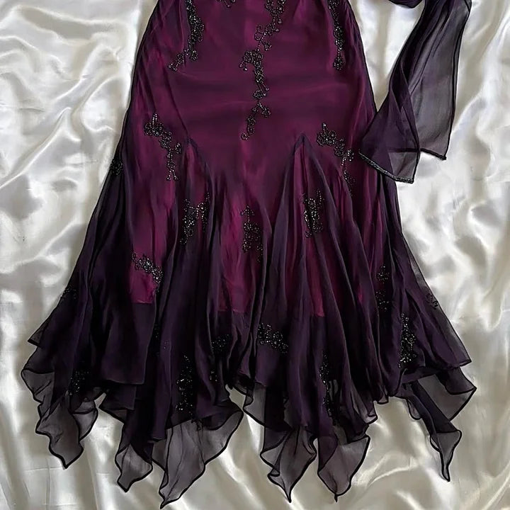 Vintage Blue Chiffon Long Prom Dresses Elegant  Beaded Party Dresses ED01743