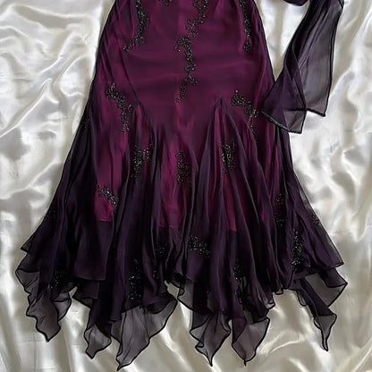 Vintage Blue Chiffon Long Prom Dresses Elegant  Beaded Party Dresses ED01743