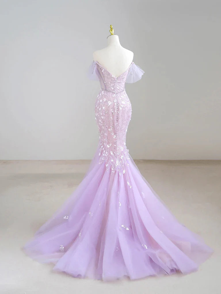 Mermaid Off-Shoulder Tulle Sequin Long Prom Dress Purple Formal Dress ED01744