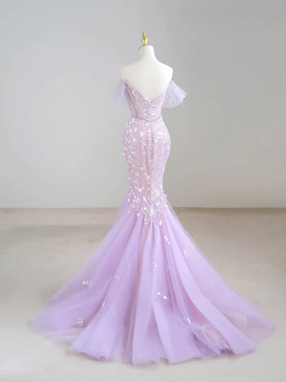 Mermaid Off-Shoulder Tulle Sequin Long Prom Dress Purple Formal Dress ED01744